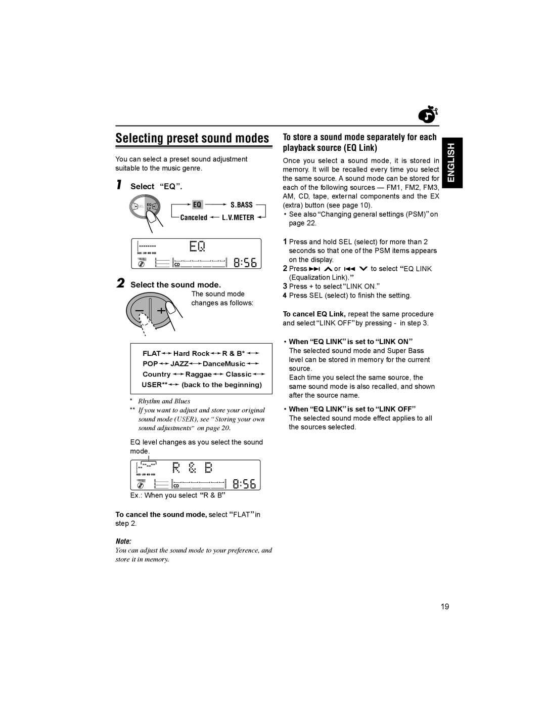 JVC KW-XC88 manual Selecting preset sound modes, Select EQ, Select the sound mode, Step 