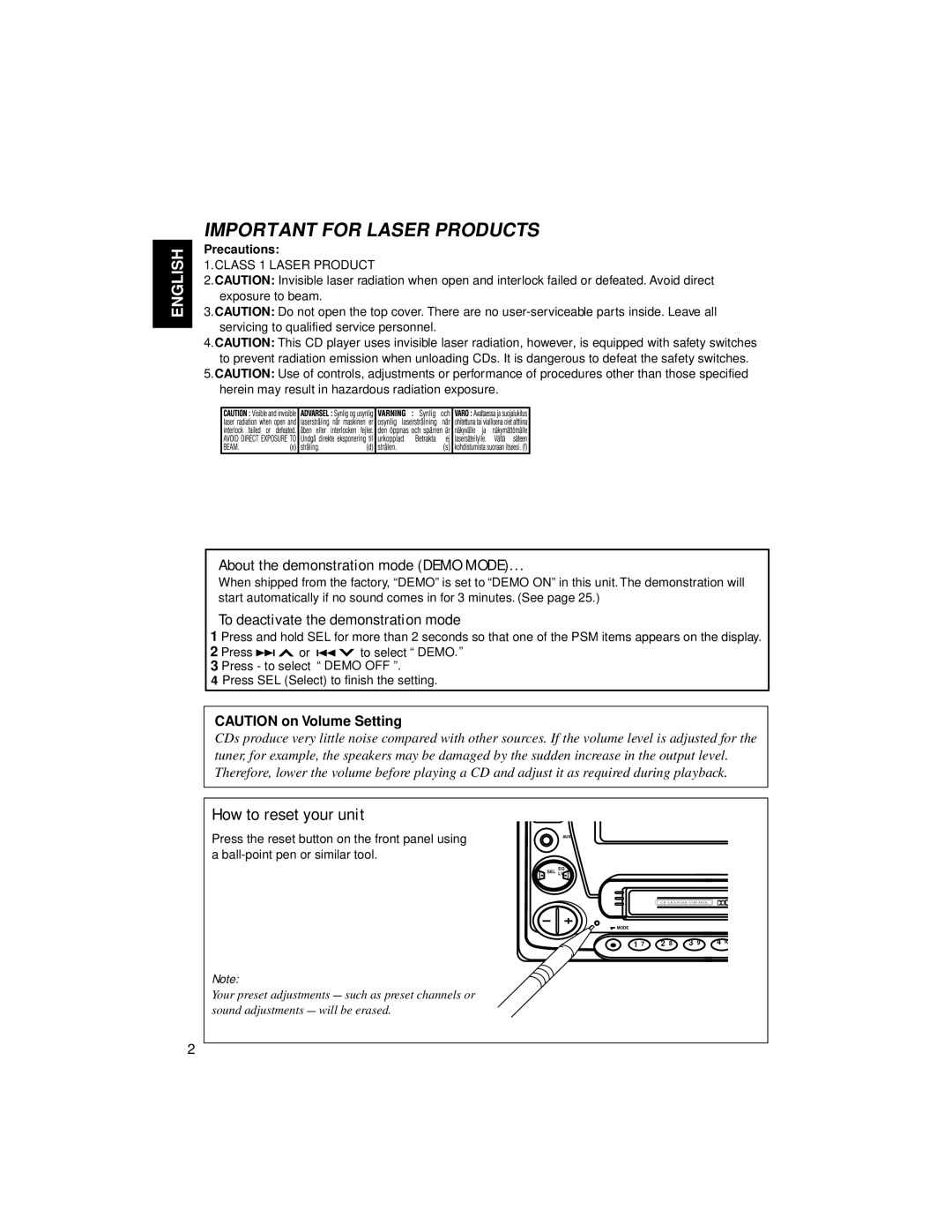 JVC KW-XC88 manual How to reset your unit, About the demonstration mode Demo Mode, To deactivate the demonstration mode 