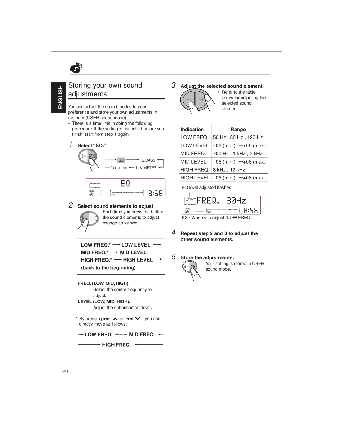 JVC KW-XC88 Storing your own sound, Adjustments, Select sound elements to adjust, Indication Range, Store the adjustments 