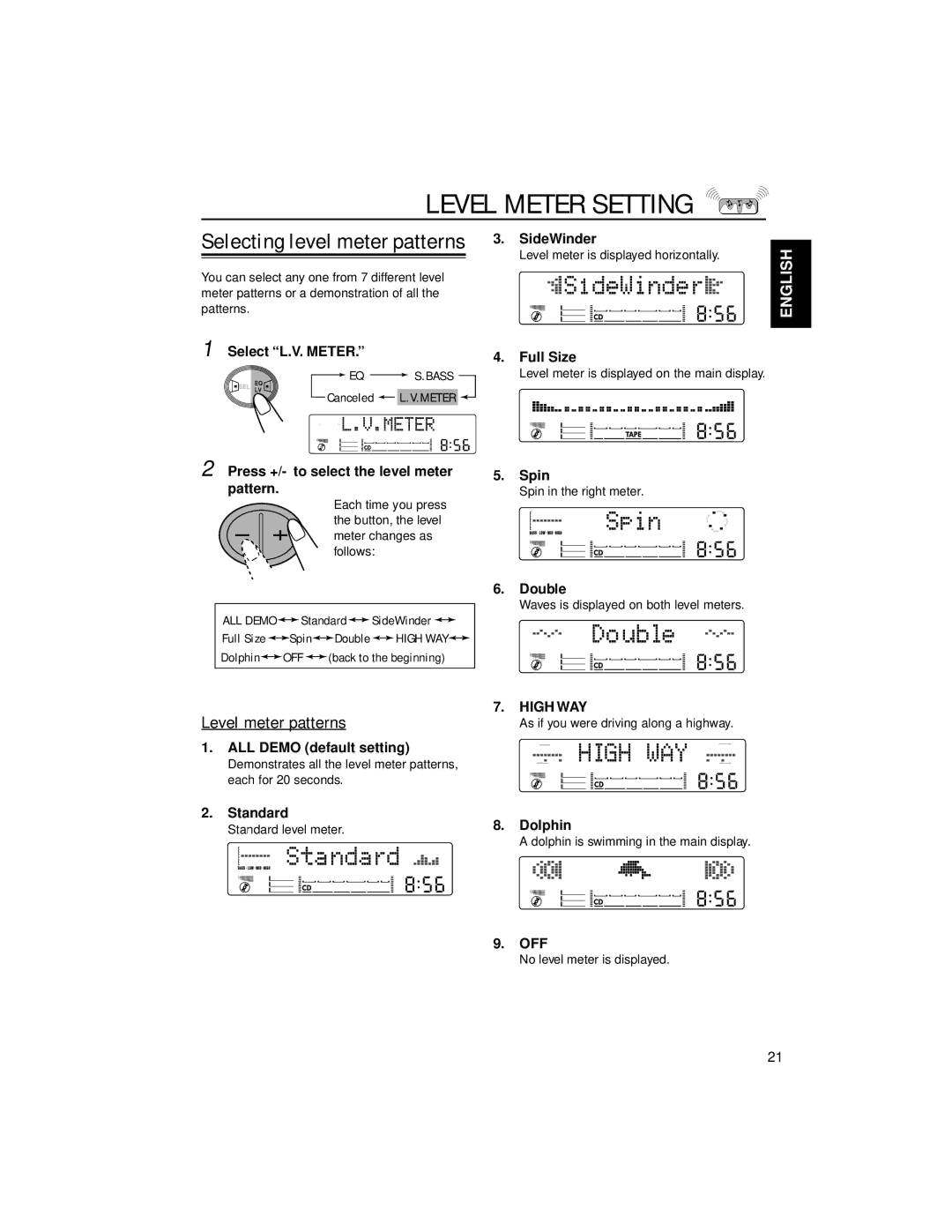 JVC KW-XC88 manual Level Meter Setting, Selecting level meter patterns, Level meter patterns 