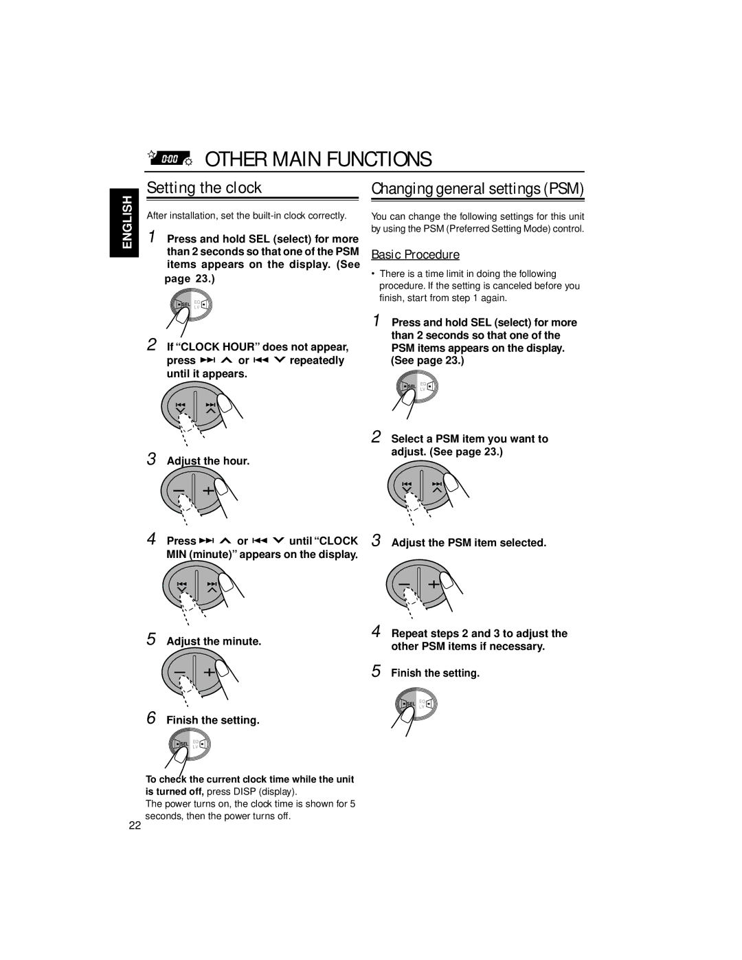 JVC KW-XC88 manual Other Main Functions, Setting the clock, Changing general settings PSM, Basic Procedure 