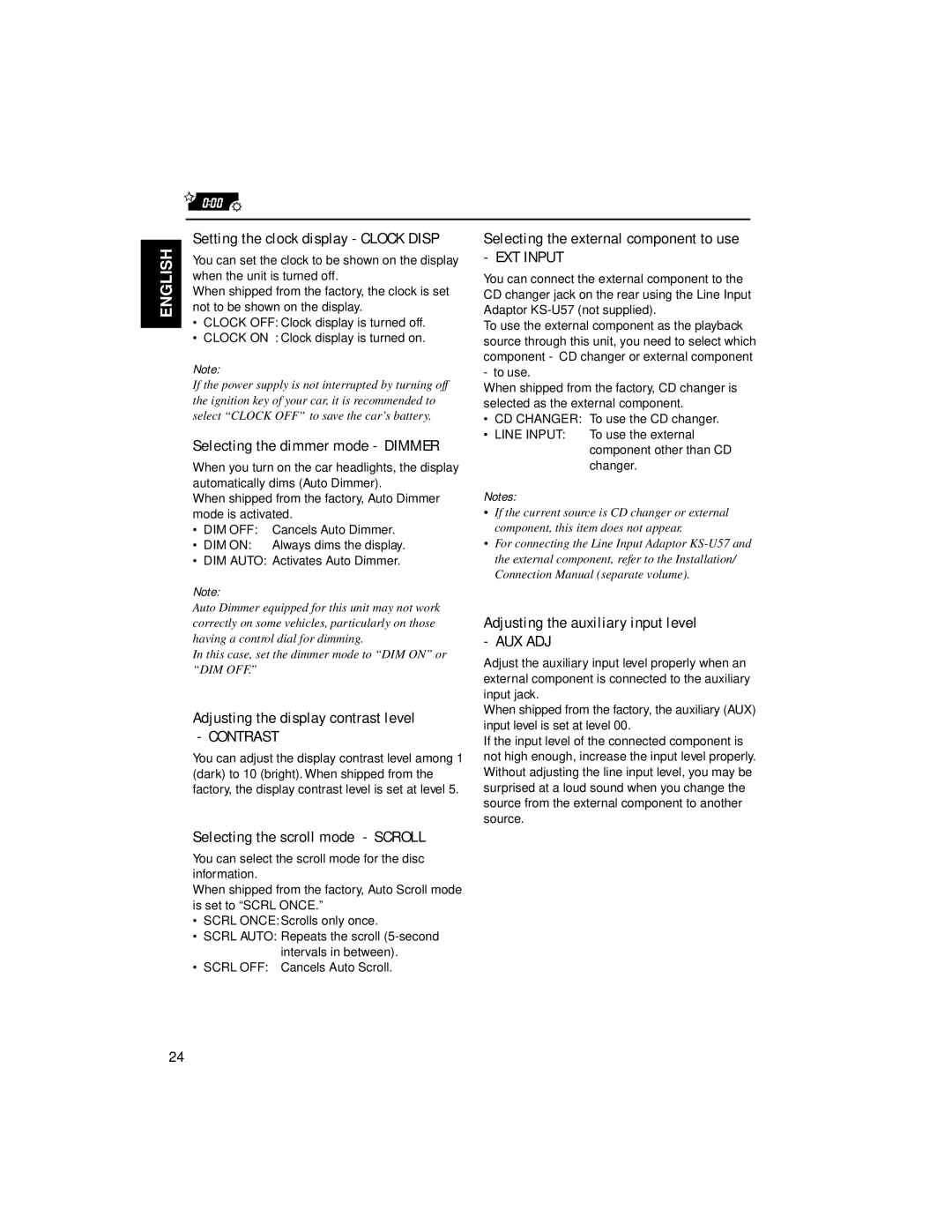 JVC KW-XC88 Setting the clock display Clock Disp, Selecting the dimmer mode Dimmer, Adjusting the display contrast level 