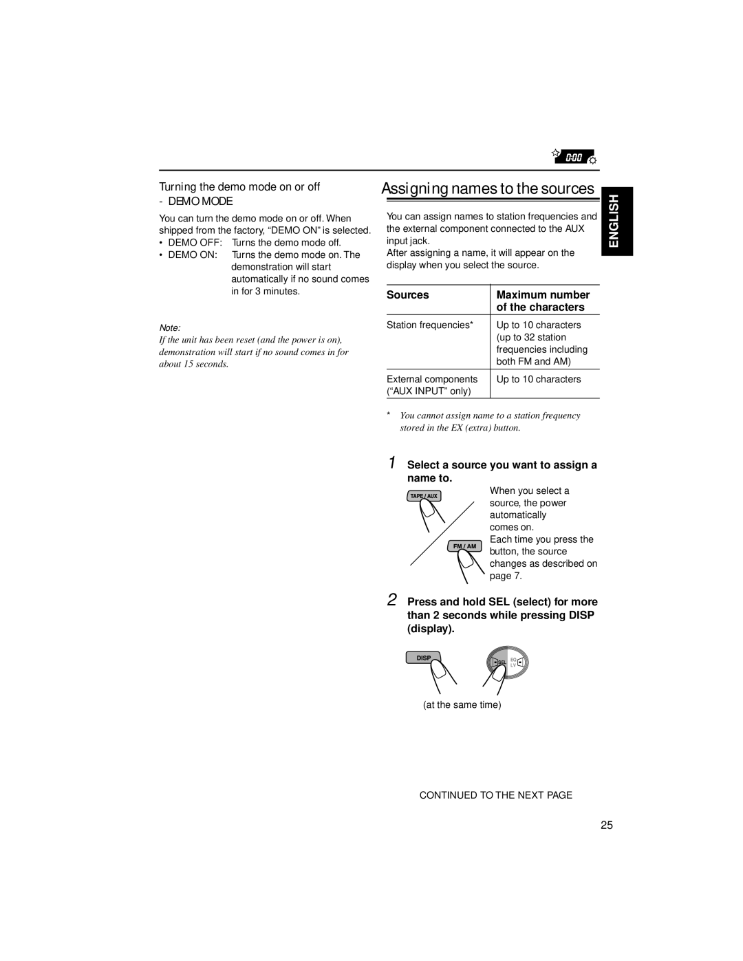 JVC KW-XC88 manual Assigning names to the sources, Turning the demo mode on or off, Sources Maximum number Characters 