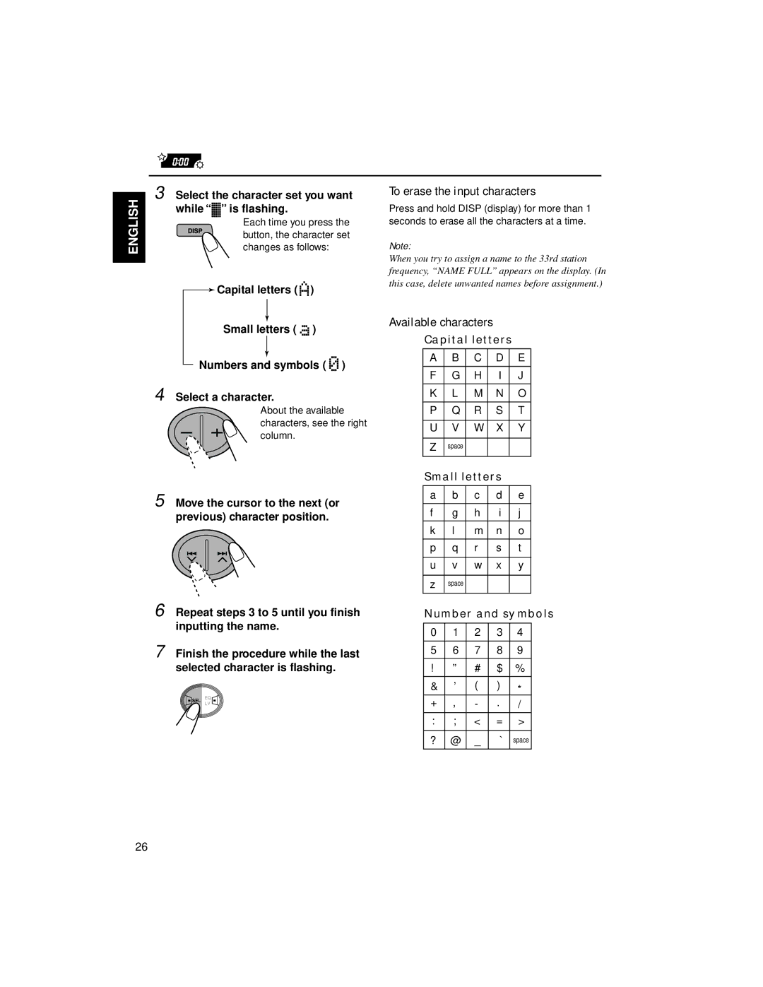 JVC KW-XC88 manual To erase the input characters, Available characters, Select the character set you want while is flashing 