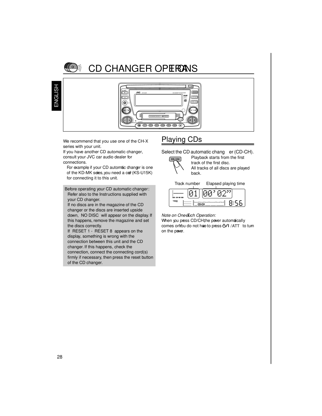 JVC KW-XC88 manual CD Changer Operations, Playing CDs, Select the CD automatic changer CD-CH 