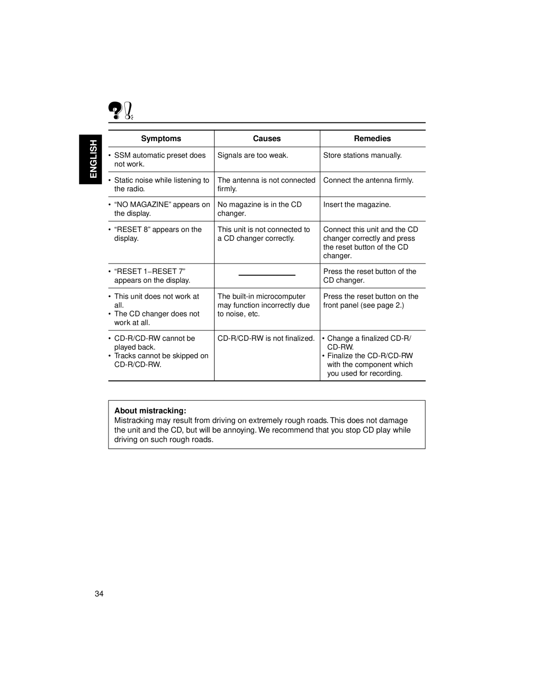 JVC KW-XC88 manual About mistracking, Press the reset button, Tracks cannot be skipped on Finalize the CD-R/CD-RW 