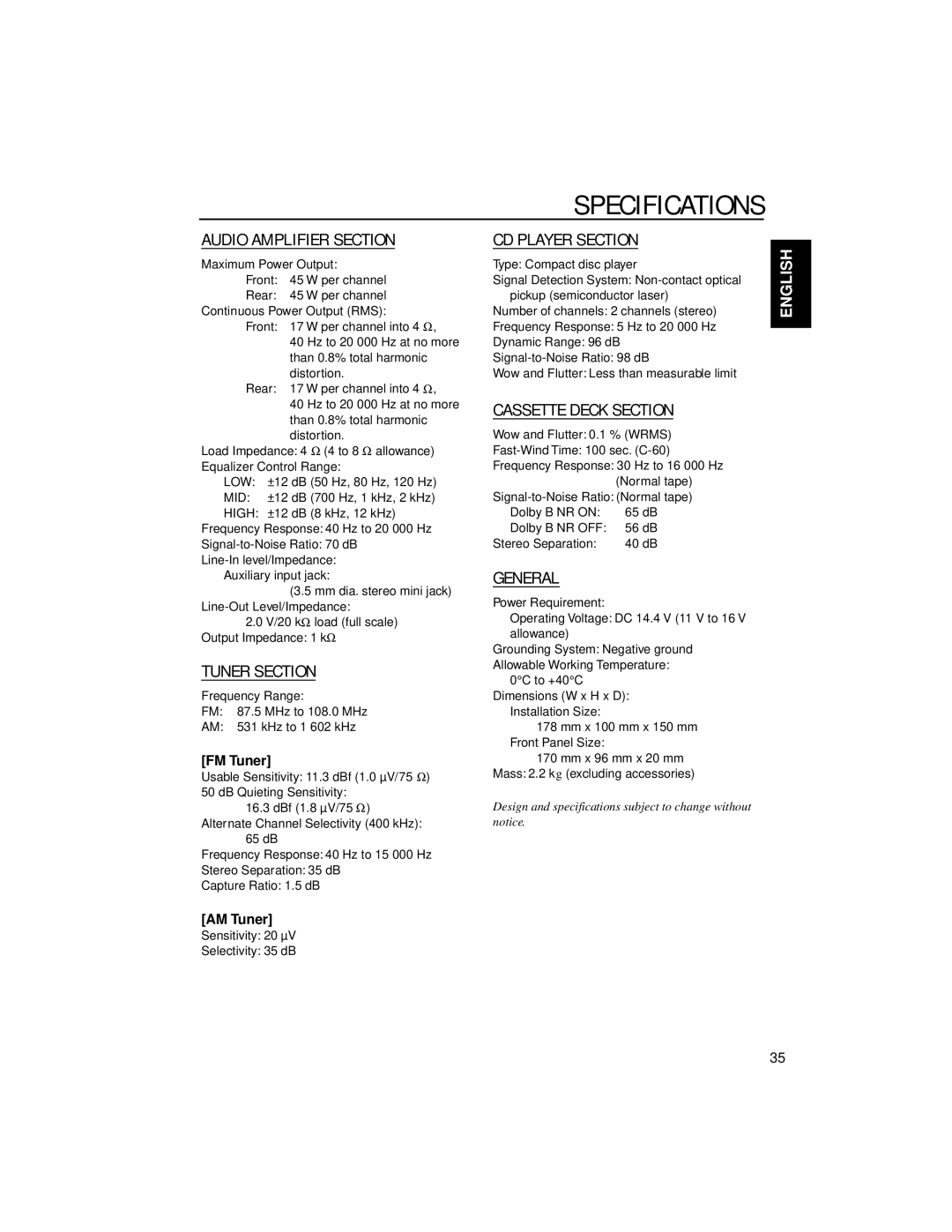 JVC KW-XC88 manual Specifications, FM Tuner, AM Tuner, Sensitivity 20 µV Selectivity 35 dB 