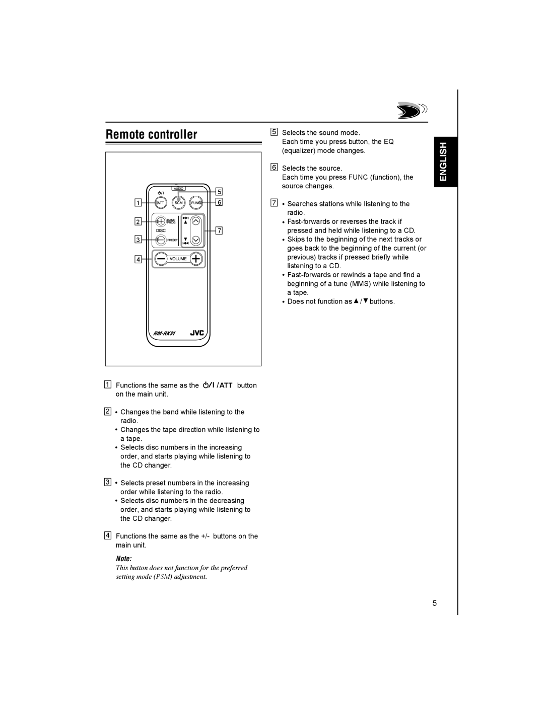 JVC KW-XC88 manual Remote controller 