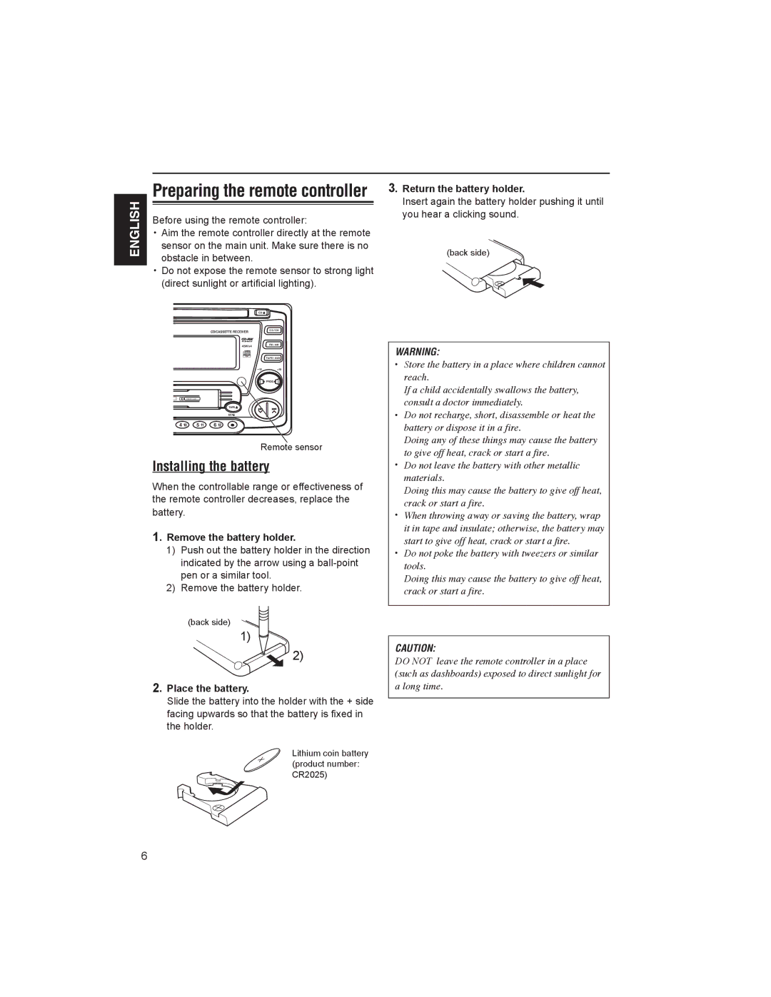 JVC KW-XC88 manual Preparing the remote controller, Installing the battery 