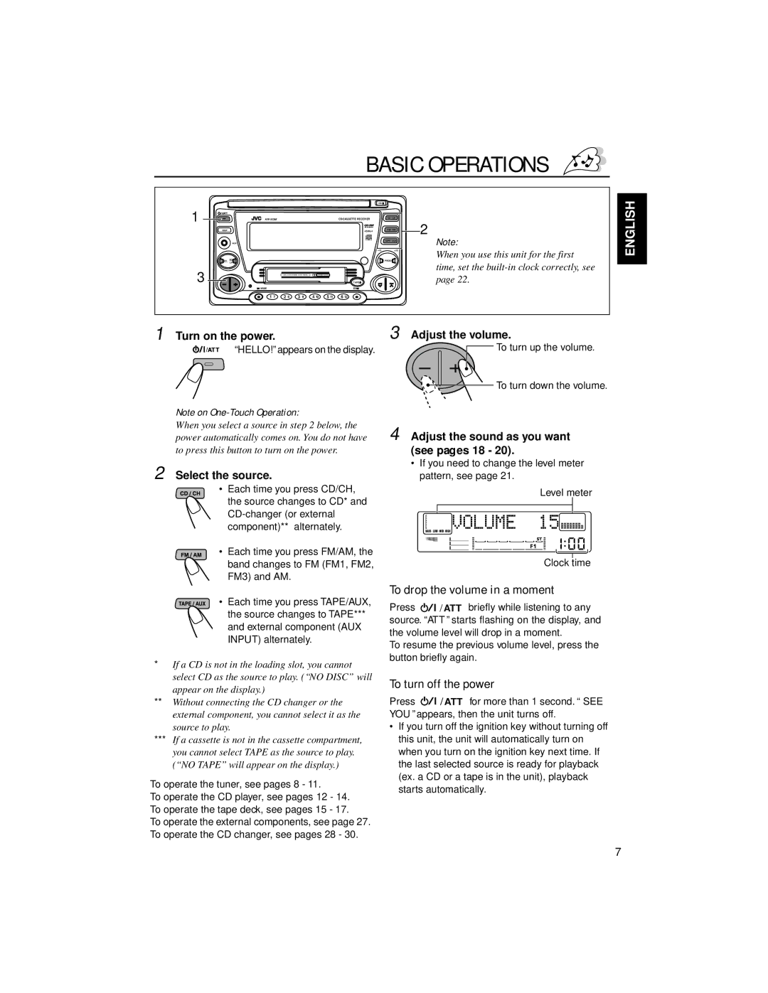 JVC KW-XC88 manual Basic Operations, To drop the volume in a moment, To turn off the power 