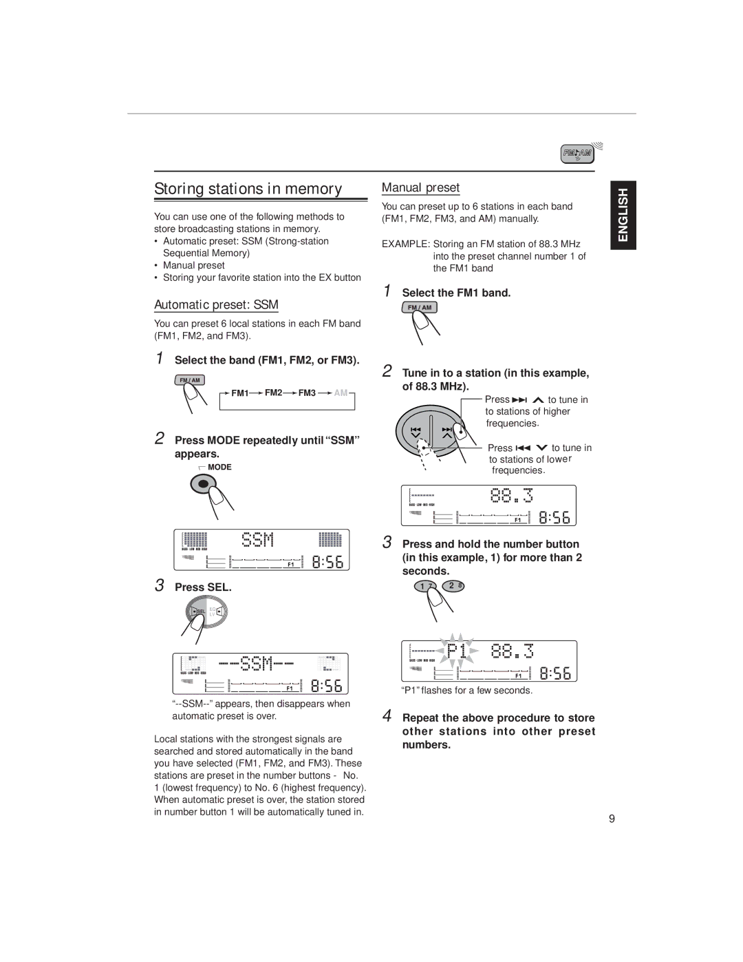 JVC KW-XC88 manual Storing stations in memory, Automatic preset SSM Manual preset 