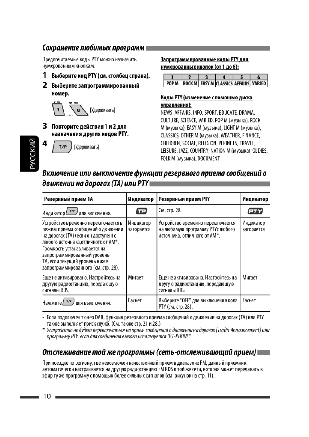 JVC KW-XG701 manual Сохранение любимых программ, Нумерованным кнопкам, Резервный прием TA, Резервный прием PTY 