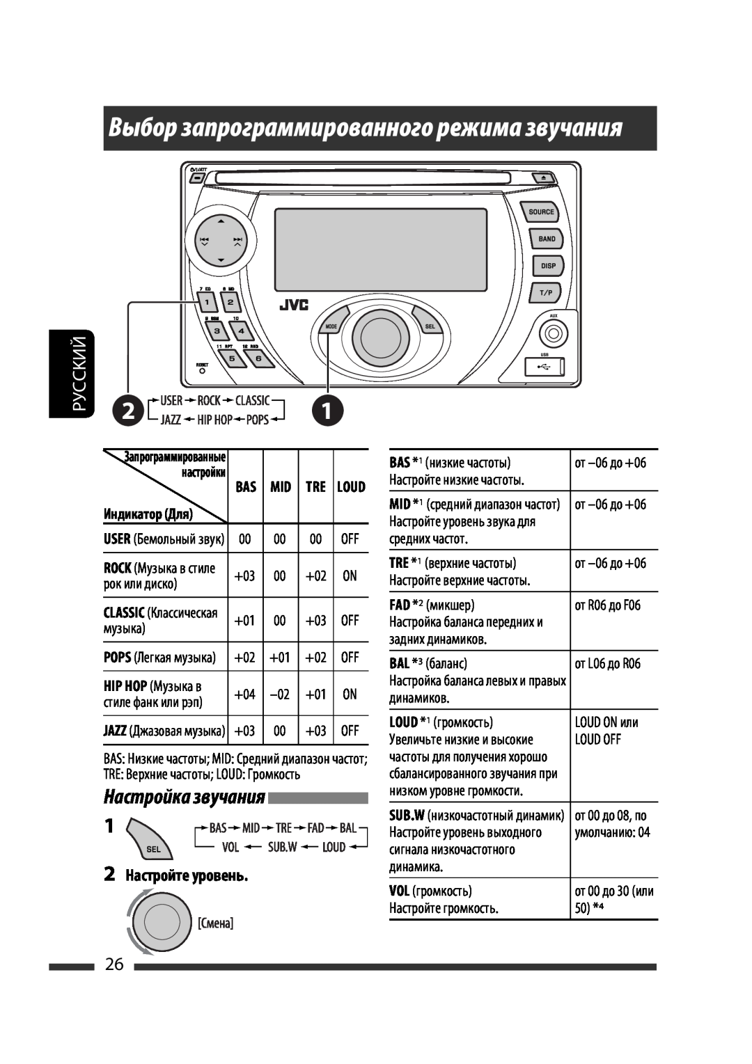 JVC KW-XG701 manual Выбор запрограммированного режима звучания, Настройка звучания, 2Настройте уровень, настройки, Руcckий 