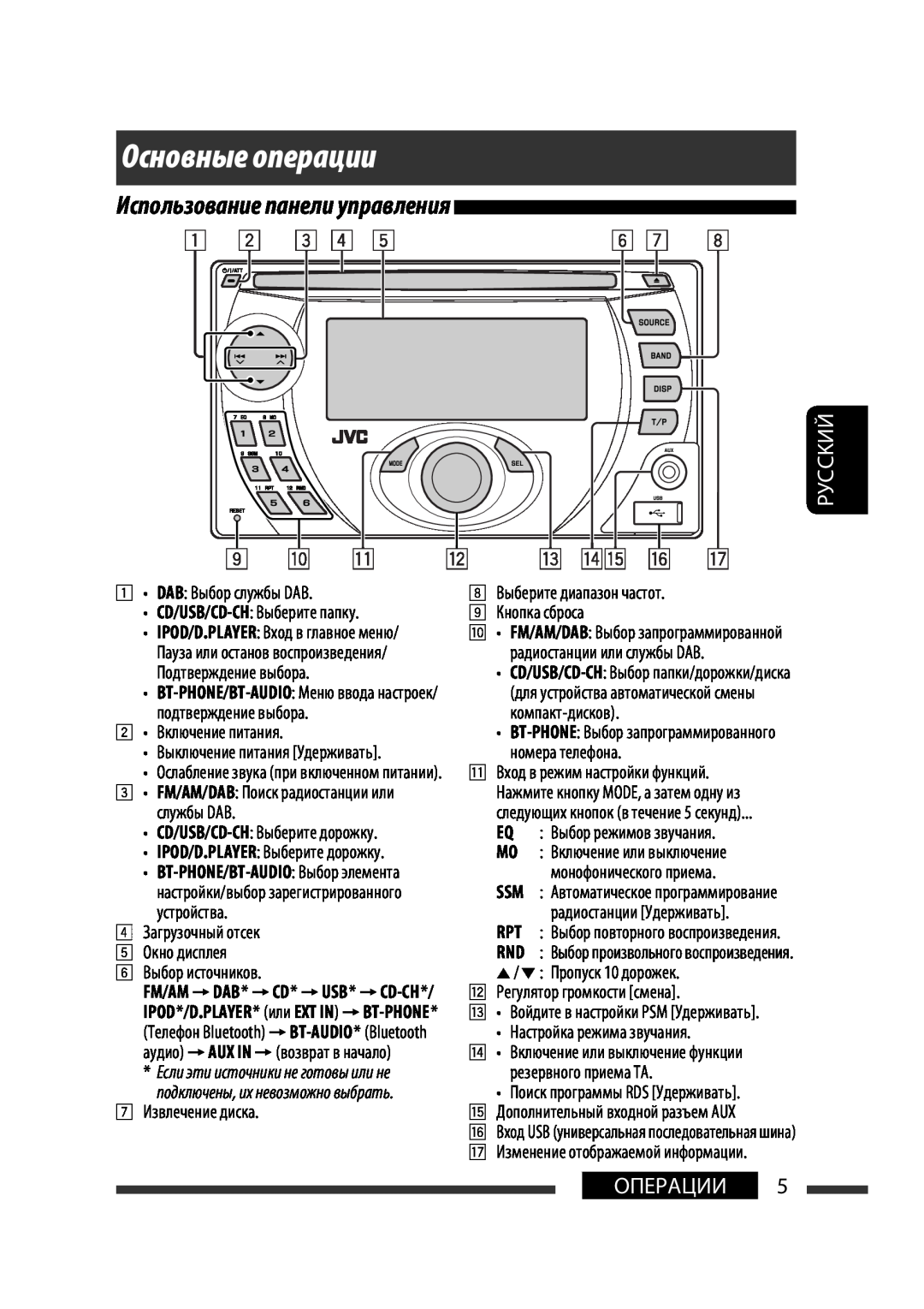 JVC KW-XG701 manual Основные операции, Операции, Использование панели управления, Руcckий 