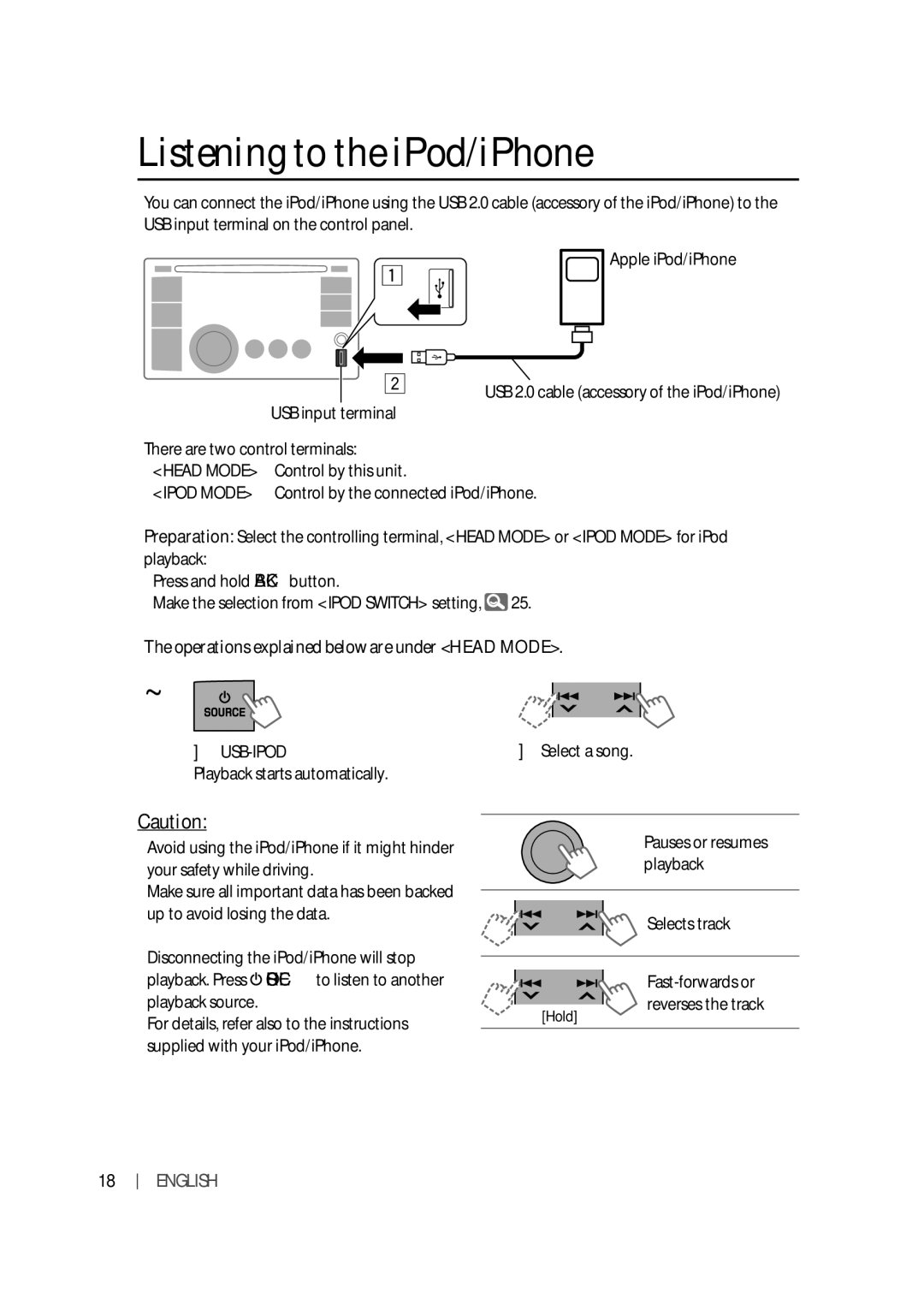 JVC KW-XR616, KW-XR614 manual Listening to the iPod/iPhone, Control by this unit, Ipod Mode, Usb-Ipod, Select a song 