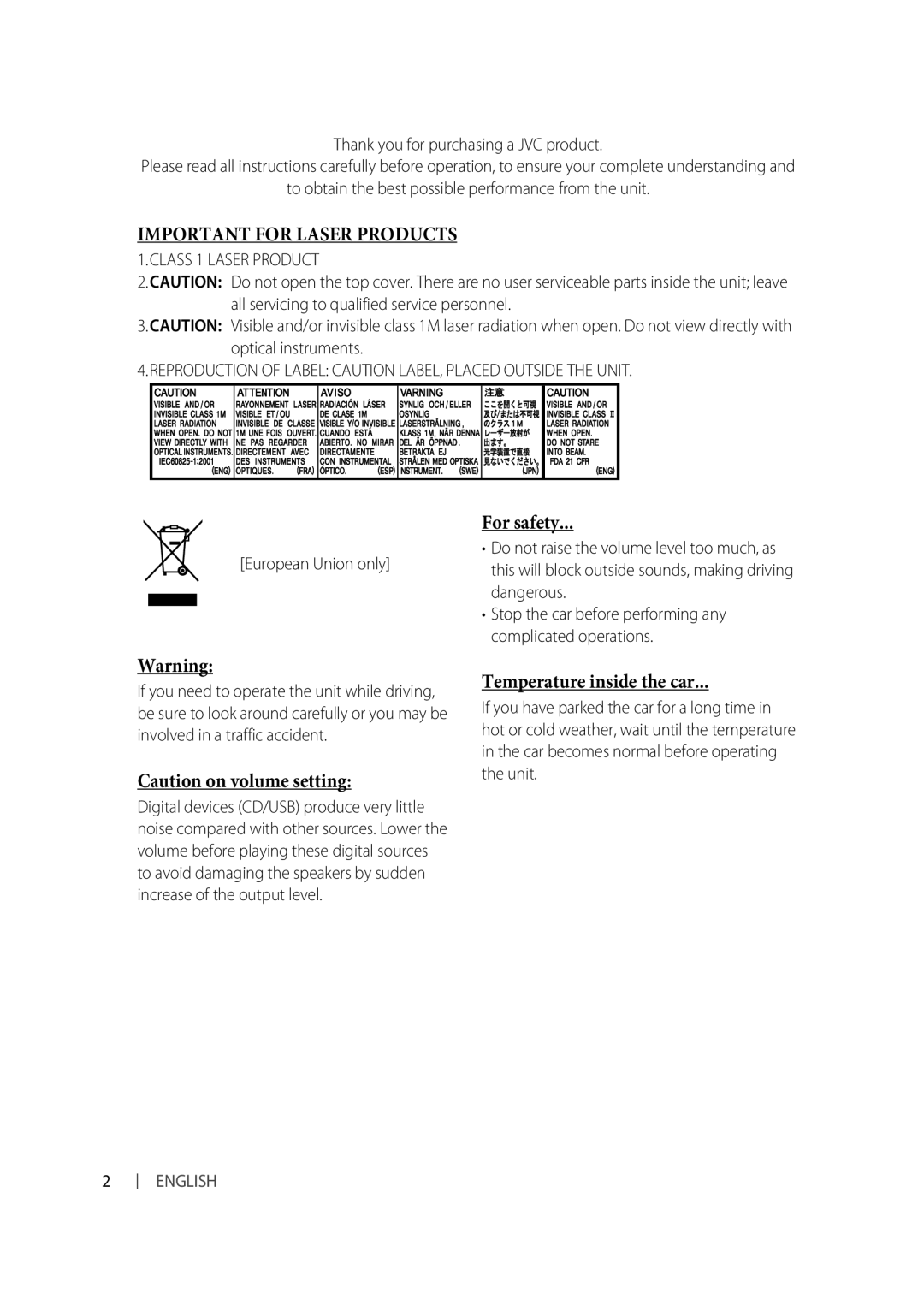 JVC KW-XR616, KW-XR614 manual For safety, Temperature inside the car, Thank you for purchasing a JVC product 