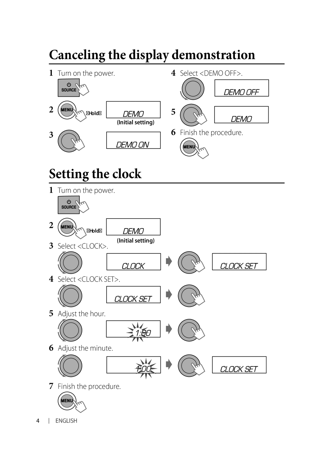 JVC KW-XR616, KW-XR614 manual Canceling the display demonstration, Setting the clock, Initial setting 