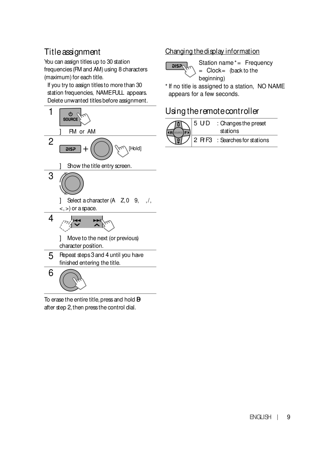 JVC KW-XR614 Title assignment, Using the remote controller, Changing the display information, Station name * = Frequency 