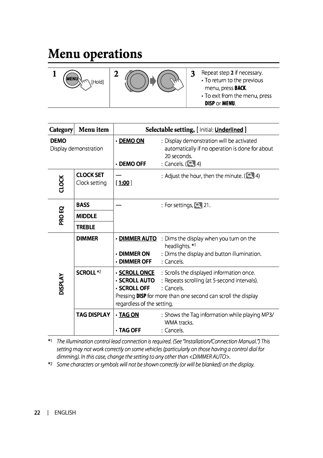 JVC KW-XR616, KW-XR614 manual Menu operations, Menu item, English 