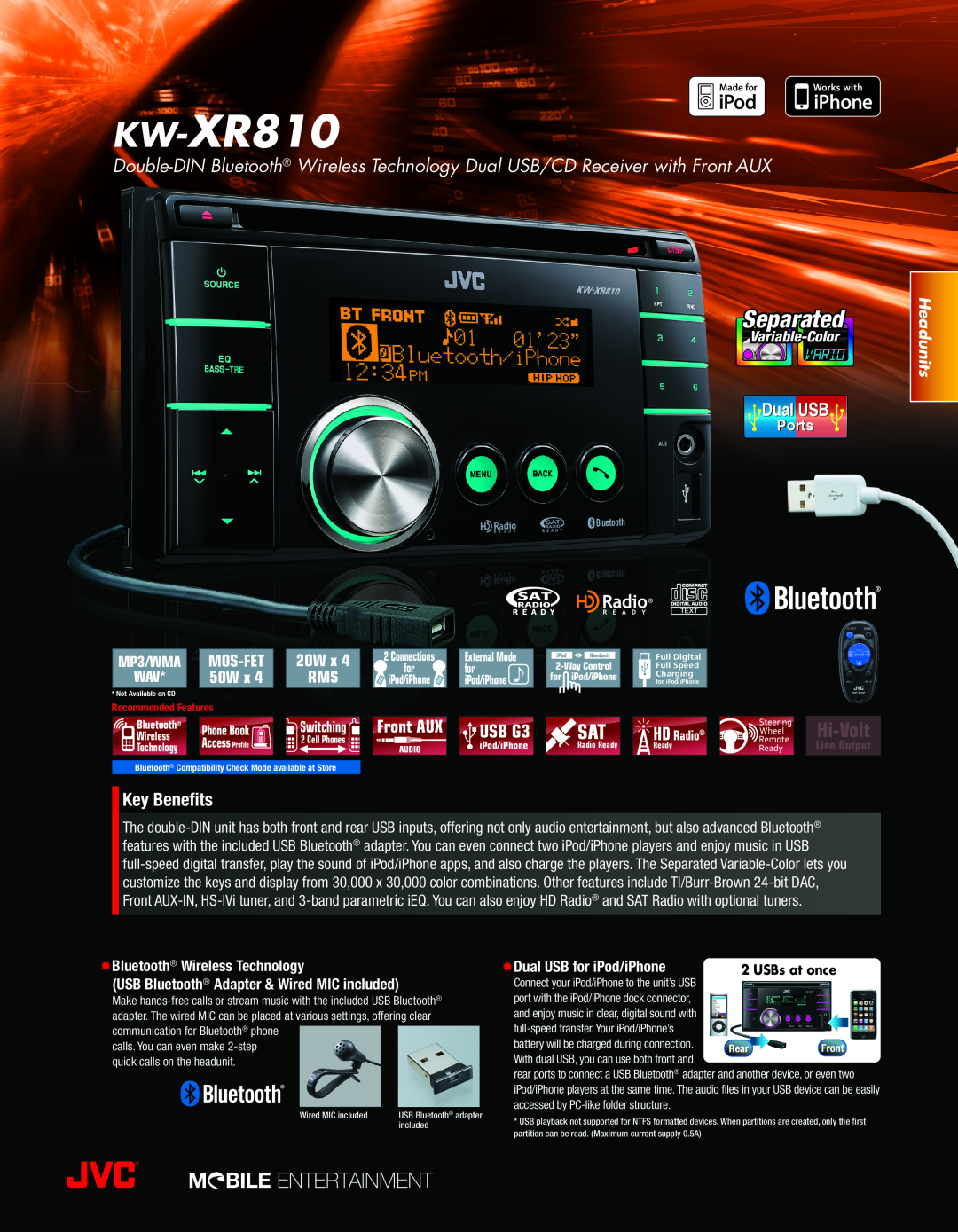 JVC KW-XR810 manual MP3/WMA, Separated, Hi-Volt, Dual USB, Key Benefits, 20W, 50W, Variable-Color, Ports, Headunits 