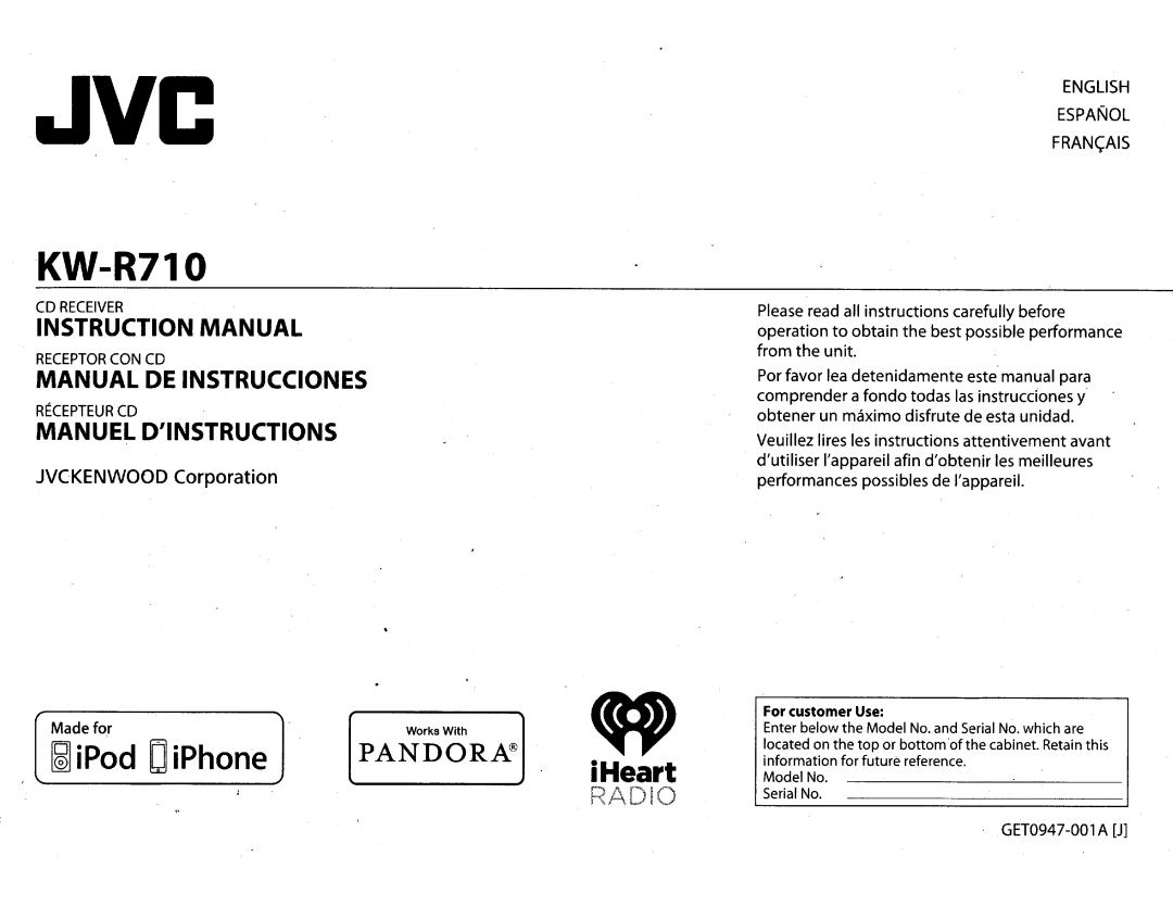 JVC KWR710 instruction manual Espanol, Made for 8 iPod, CD Receiver Receptor CON CD, Recepteur CD Manuel Dinstructions 