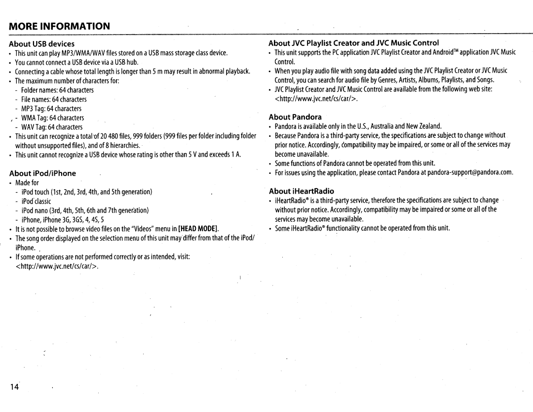 JVC KWR710 Maximum number of characters for, Files, Folder, Without unsupported files, and of 8hierarchies. · 