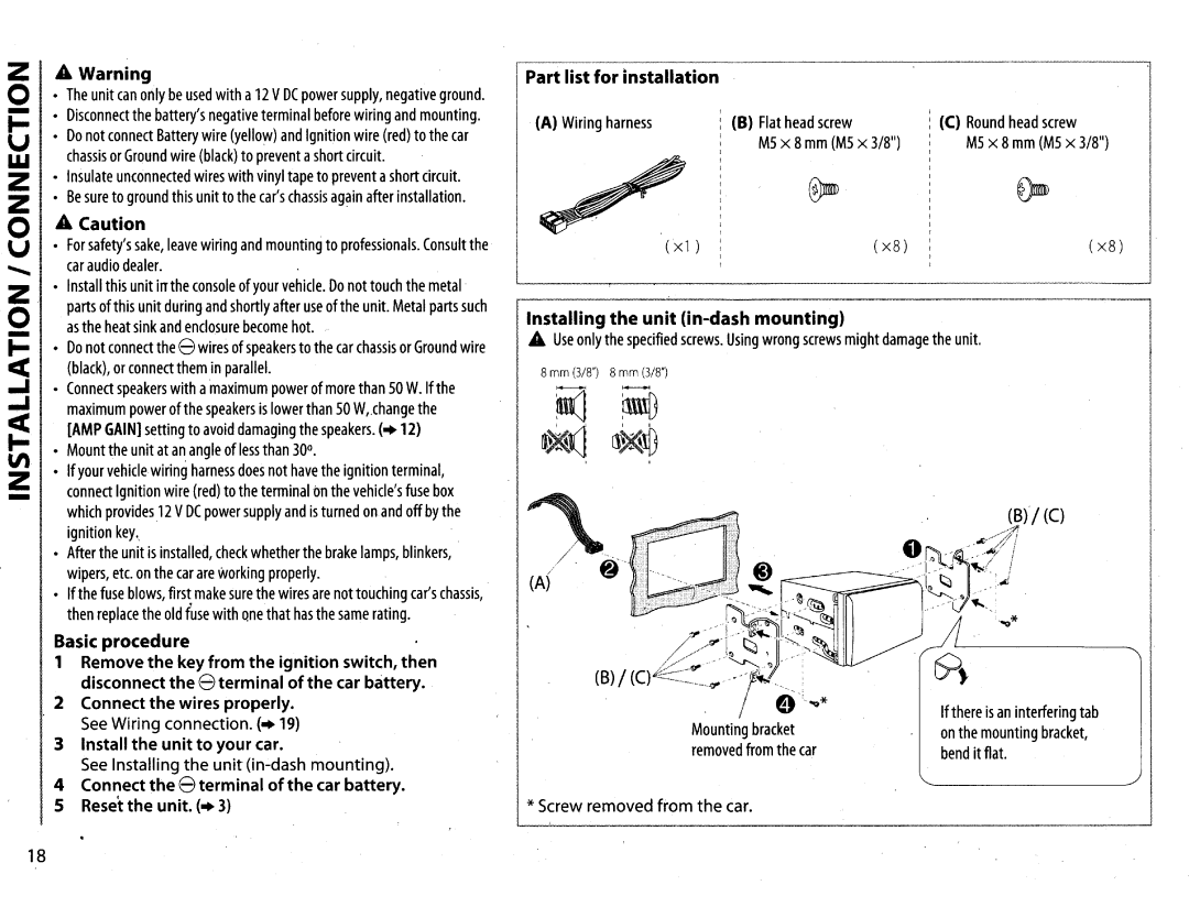 JVC KWR710 instruction manual Basic procedure, Part list for installation, Installing the unit in-dash mounting, Benditflat 