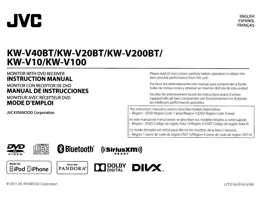 JVC KWV20BT instruction manual Bluetooth, JVC Kenwood Corporation, CSiriusxm, Ready 