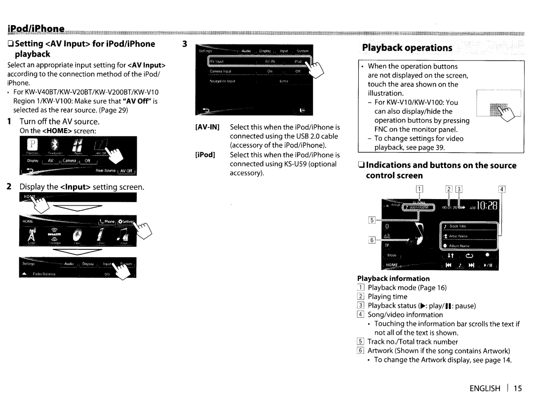 JVC KWV20BT OSetting AV Input for iPod/iPhone, Playback, Turn off AV source, Display Input setting screen, Av-In 