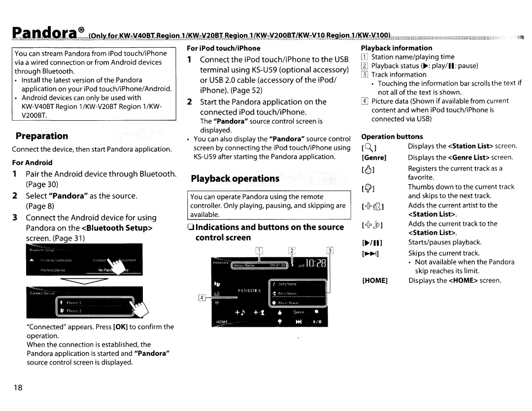 JVC KWV20BT instruction manual Indications and buttons on the source control screen, Pandora on the Biuetooth Setup 