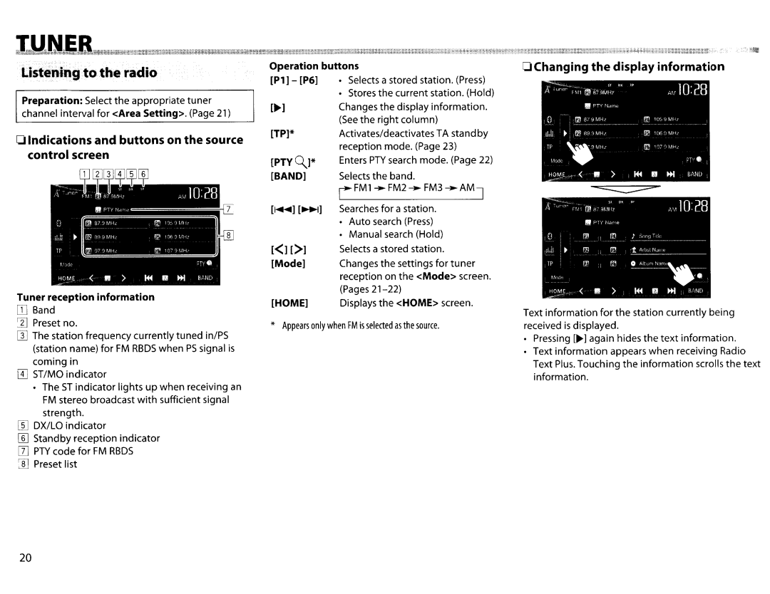 JVC KWV20BT instruction manual Changing the display information, Liste11i111J to the·radio Operation buttons, P1 P6 