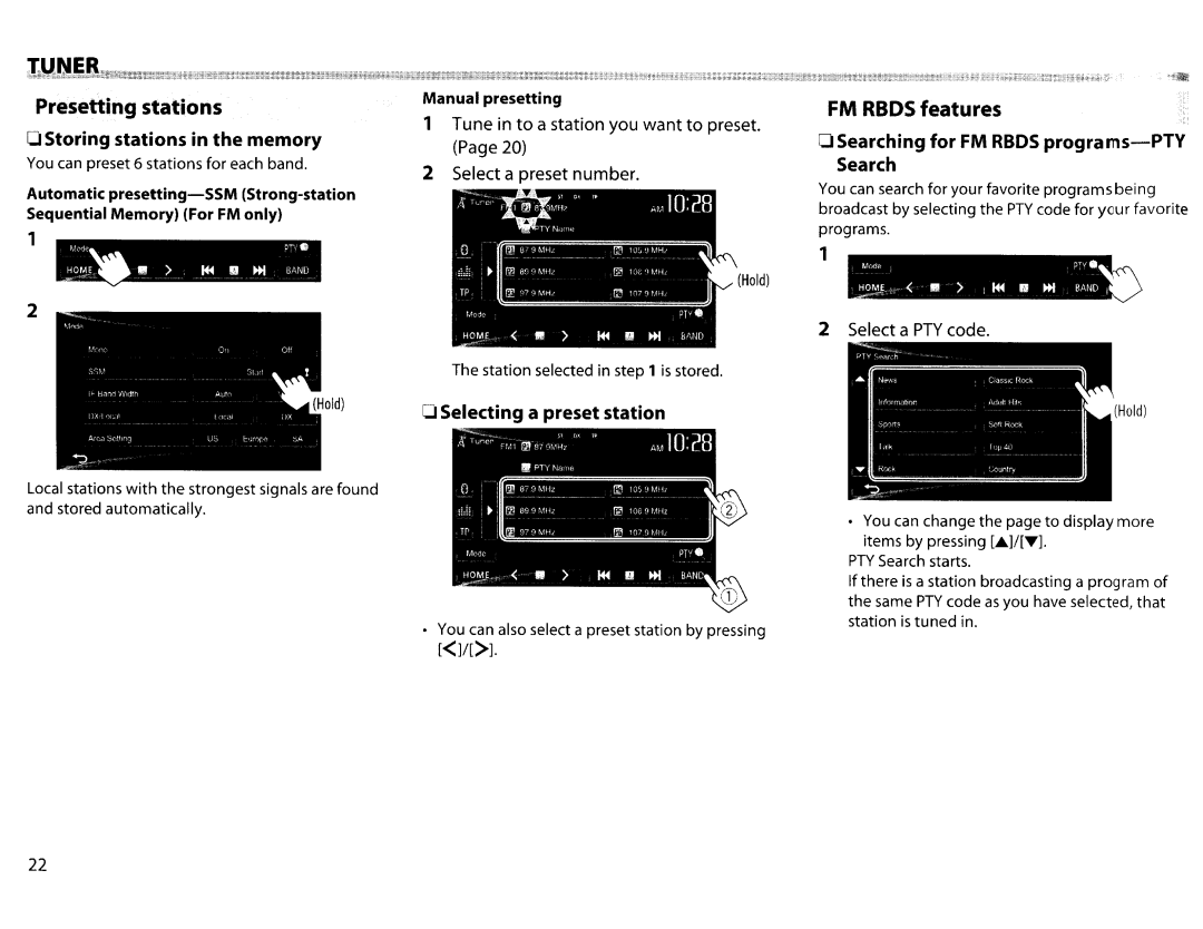 JVC KWV20BT OSearching for FM Rbds programs-PlYSearch, Tune in to a station you want to preset, Select a preset number 