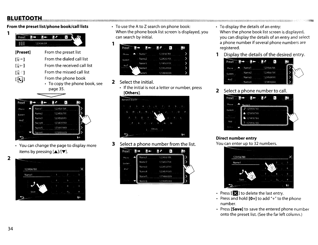 JVC KWV20BT Select the initial, Select a phone number from the list, From the preset list/phone book/call lists, Others 