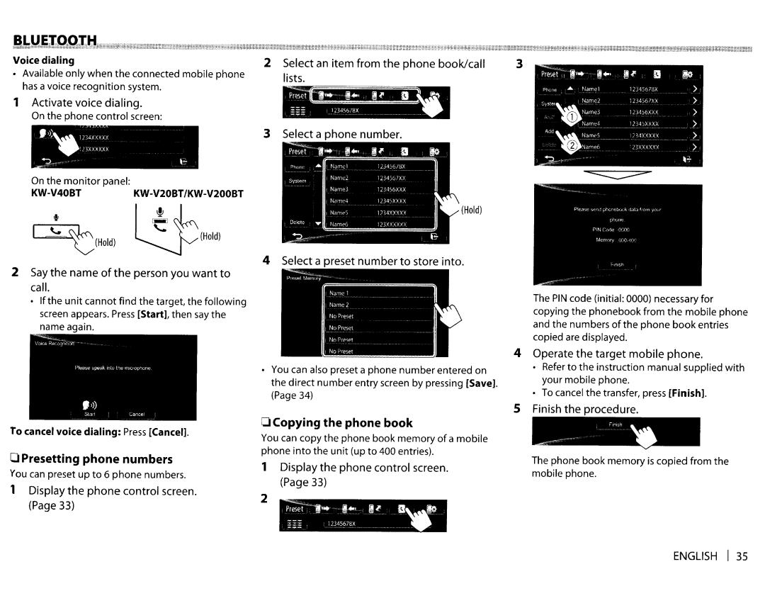 JVC KWV20BT instruction manual Presetting phone numbers, Copying the phone book 