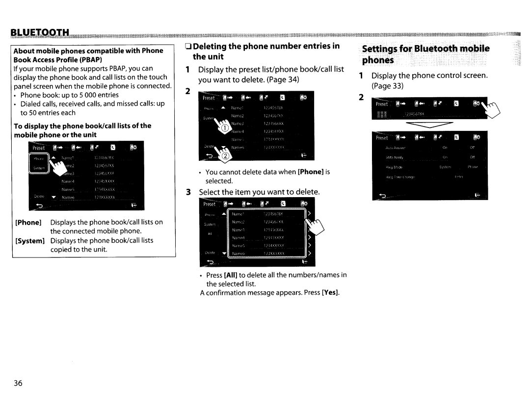 JVC KWV20BT instruction manual Phnes, Deleting the phone number entries in the unit, Select the item you want to delete 