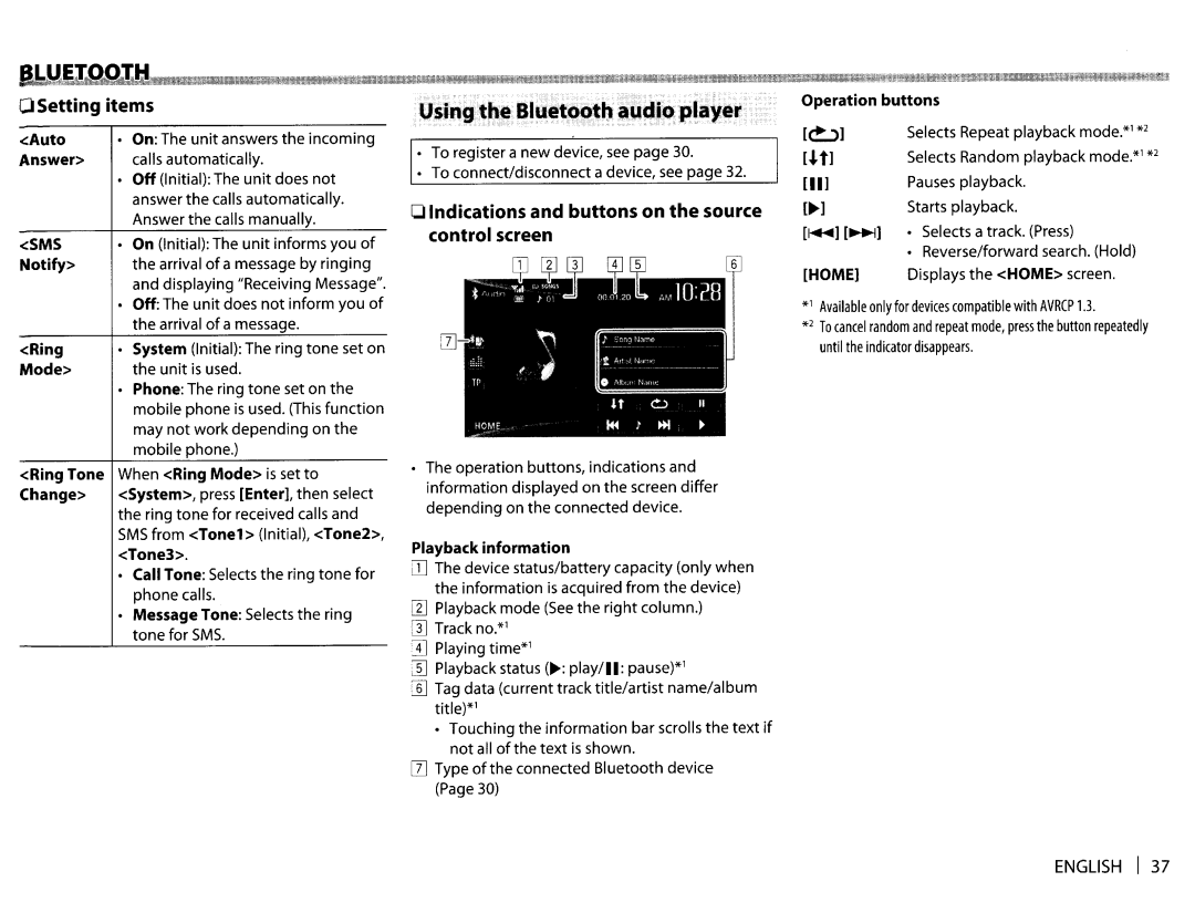 JVC KWV20BT Setting items, Indications and buttons on the source, Control screen, Operation buttons, Tone for SMS 