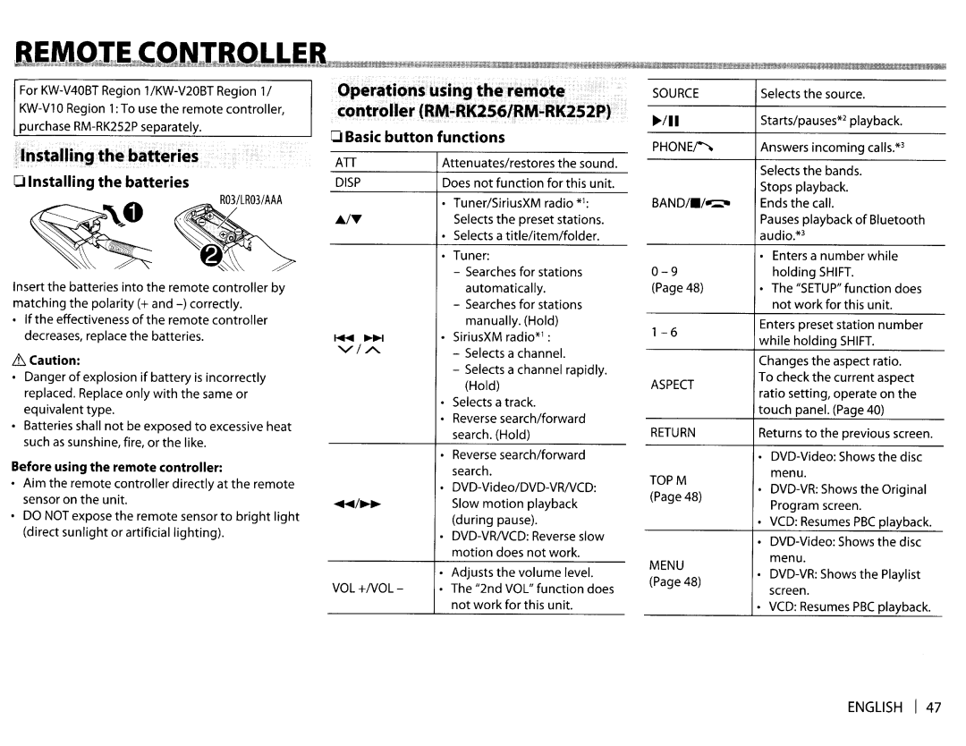 JVC KWV20BT instruction manual Band, Basic button functions, Before using the remote controller 