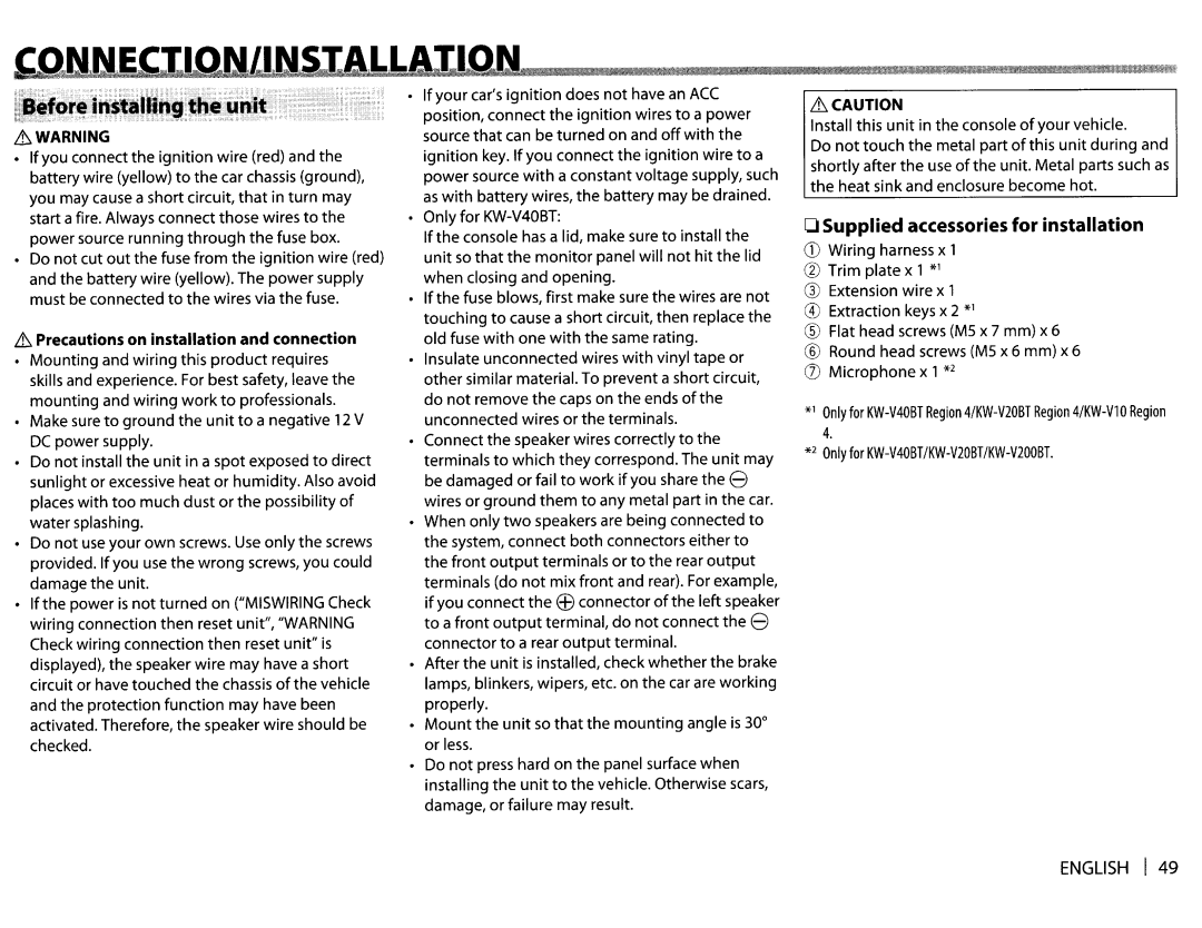 JVC KWV20BT instruction manual Supplied accessories for installation 