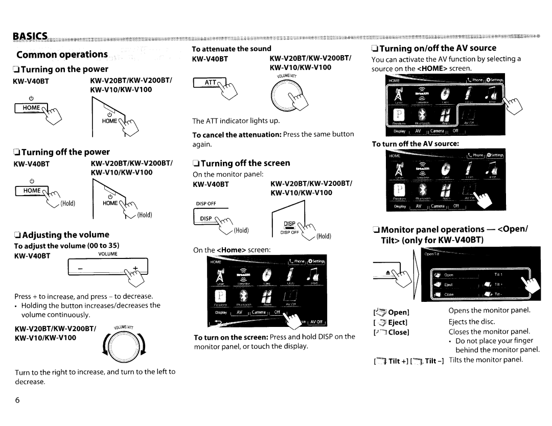 JVC KWV20BT OTurning on the power, Turning on/off the AV source, OTurning off the power, Adjusting the volume 