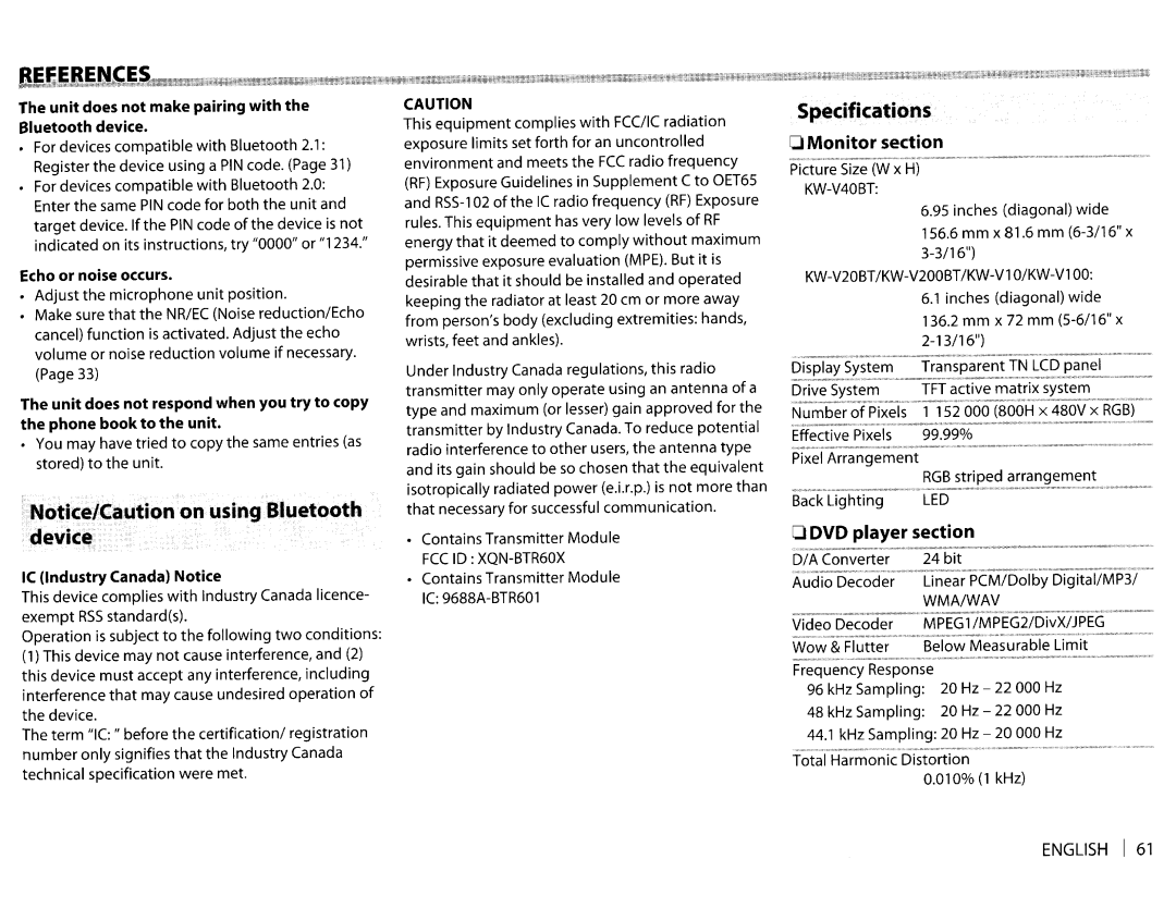 JVC KWV20BT instruction manual Device, Specifications, Monitor section, DVD player section 