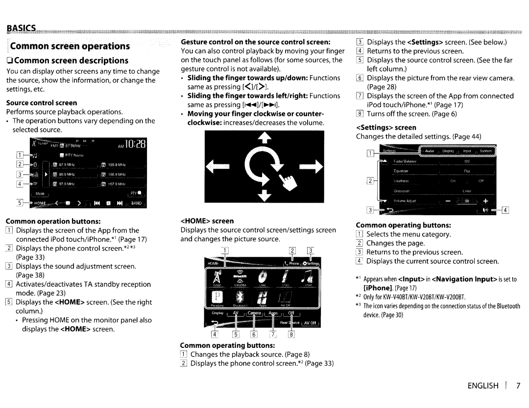 JVC KWV20BT instruction manual Common. screen operations, OCommon screen descriptions 