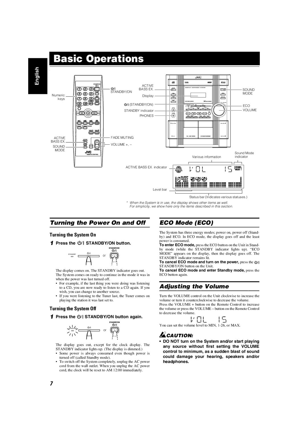 JVC KX-KC15, MX-KC2 manual Basic Operations, Turning the Power On and Off, ECO Mode ECO, Adjusting the Volume 