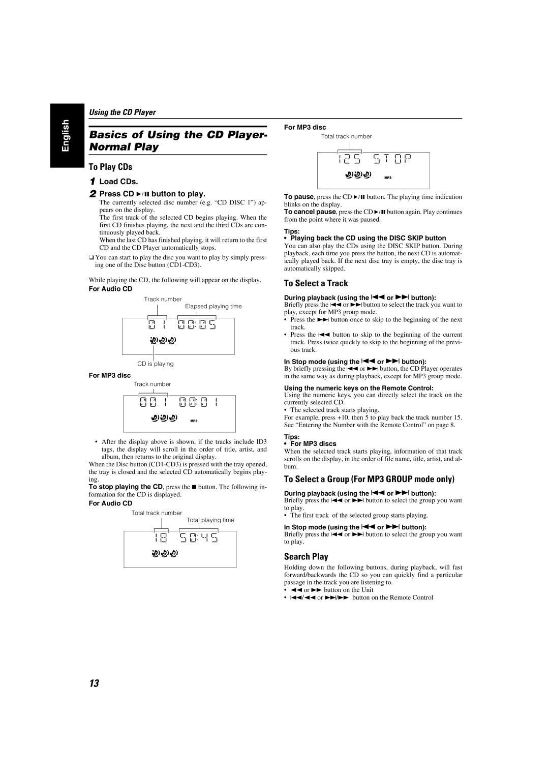 JVC KX-KC15, MX-KC2 manual Basics of Using the CD Player- Normal Play, To Play CDs, To Select a Track, Search Play 