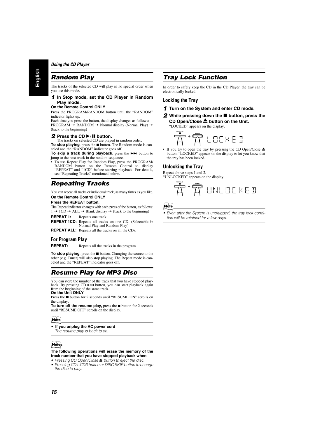 JVC KX-KC15, MX-KC2 manual Random Play Tray Lock Function, Repeating Tracks, Resume Play for MP3 Disc 