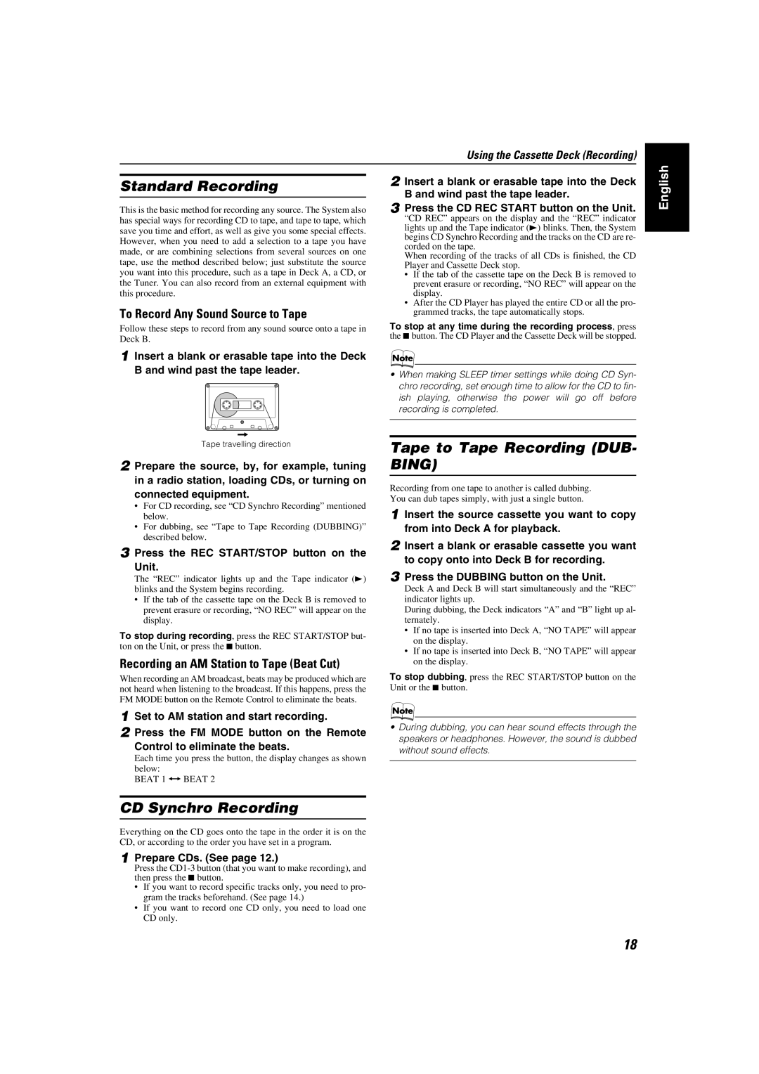 JVC MX-KC2 Standard Recording, Tape to Tape Recording DUB- Bing, CD Synchro Recording, To Record Any Sound Source to Tape 