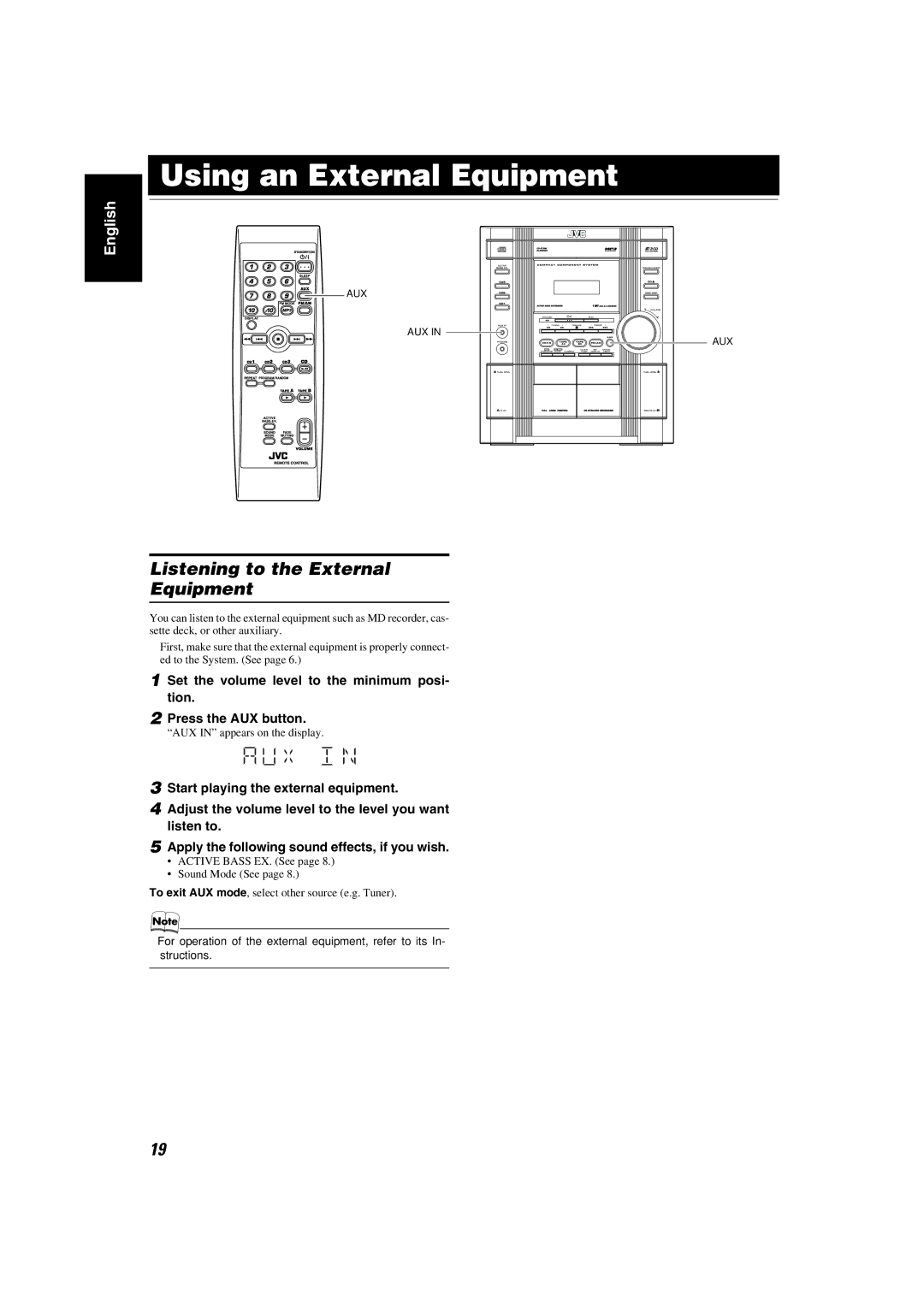 JVC KX-KC15, MX-KC2 manual Using an External Equipment, Listening to the External Equipment, Aux 