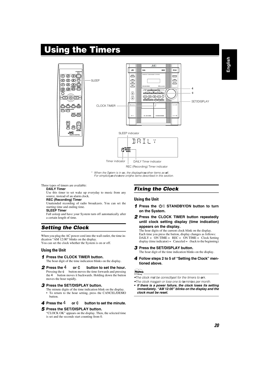 JVC MX-KC2, KX-KC15 manual Using the Timers, Setting the Clock, Fixing the Clock 