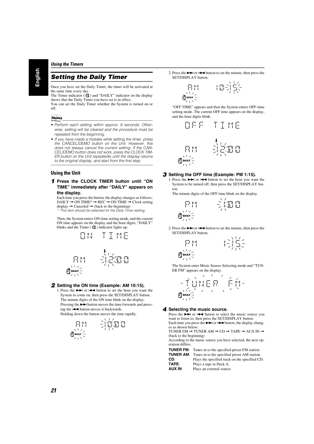 JVC KX-KC15, MX-KC2 manual Setting the Daily Timer, Setting the OFF time Example PM, Setting the on time Example AM 