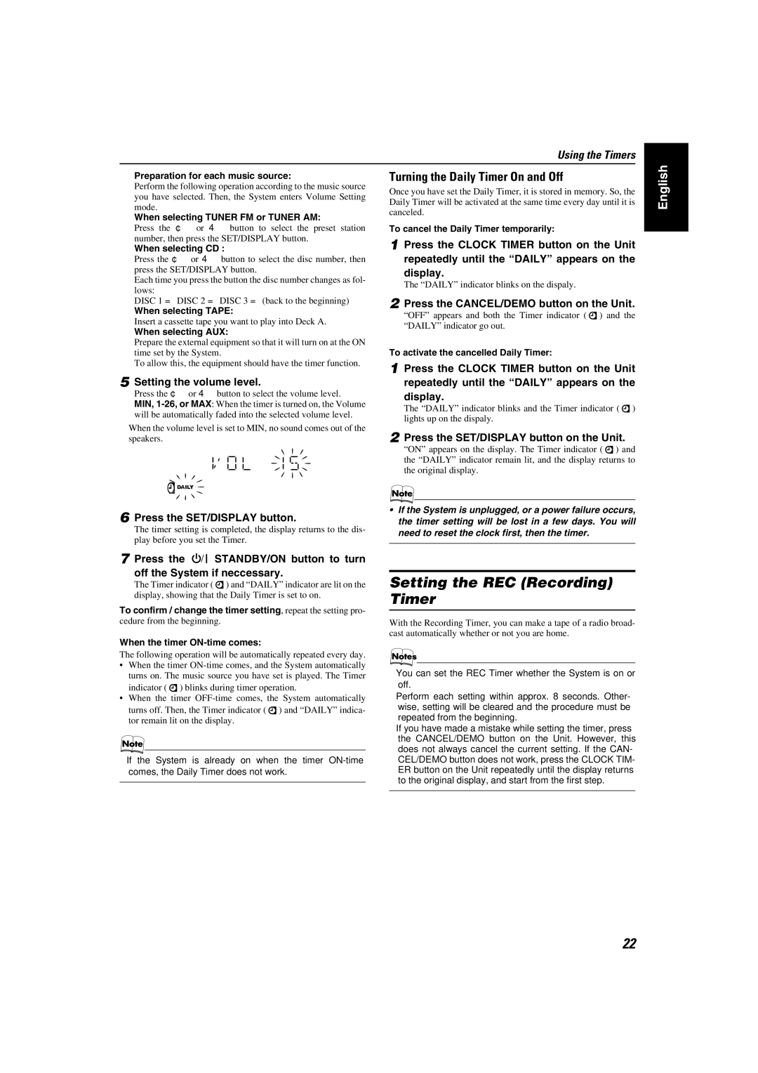 JVC MX-KC2, KX-KC15 manual Setting the REC Recording Timer, Turning the Daily Timer On and Off 