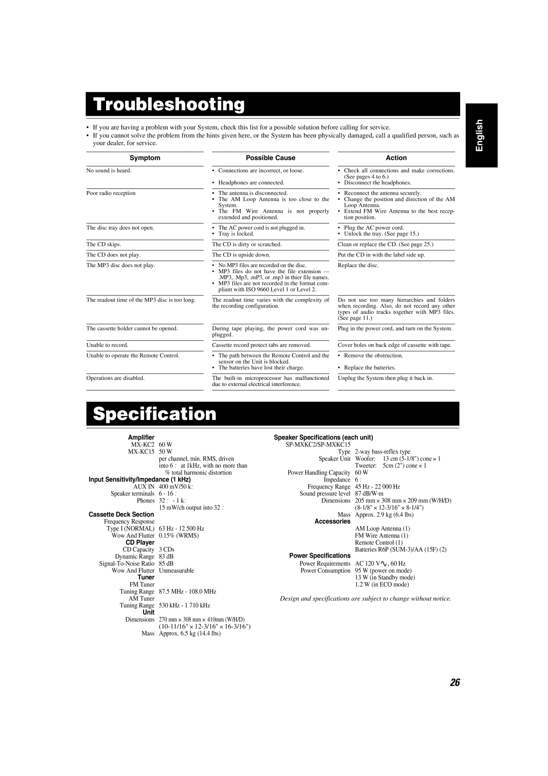 JVC MX-KC2, KX-KC15 manual Troubleshooting, Specification 